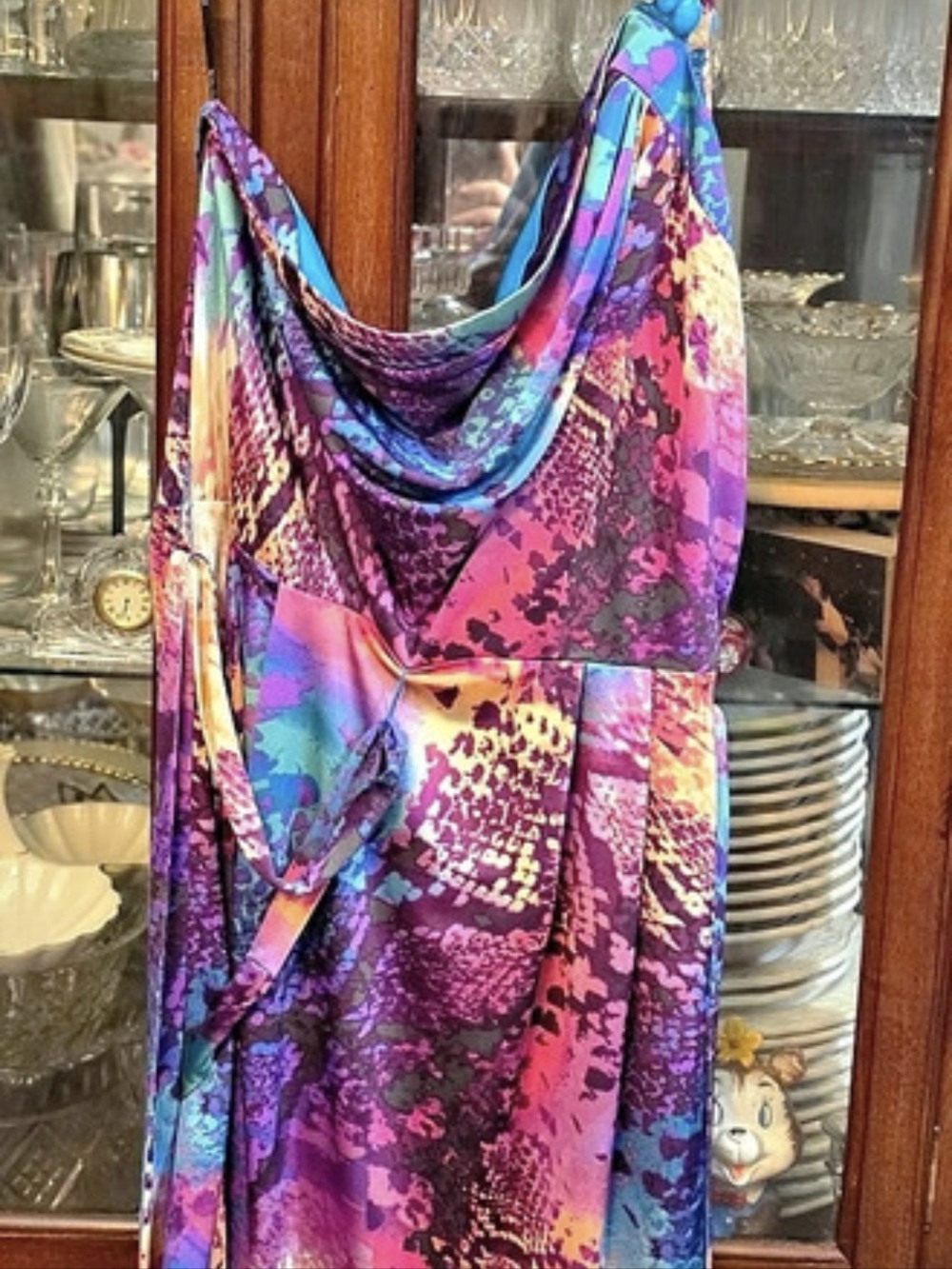 Bisou Abstract One Shoulder Midi Dress in Purple & Blue Size 16